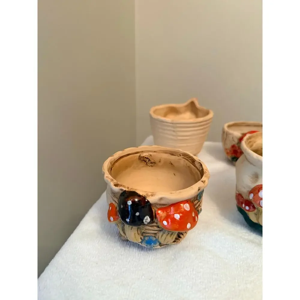 Five ceramic mushroom planters hand-painted rustic textured base with drainage